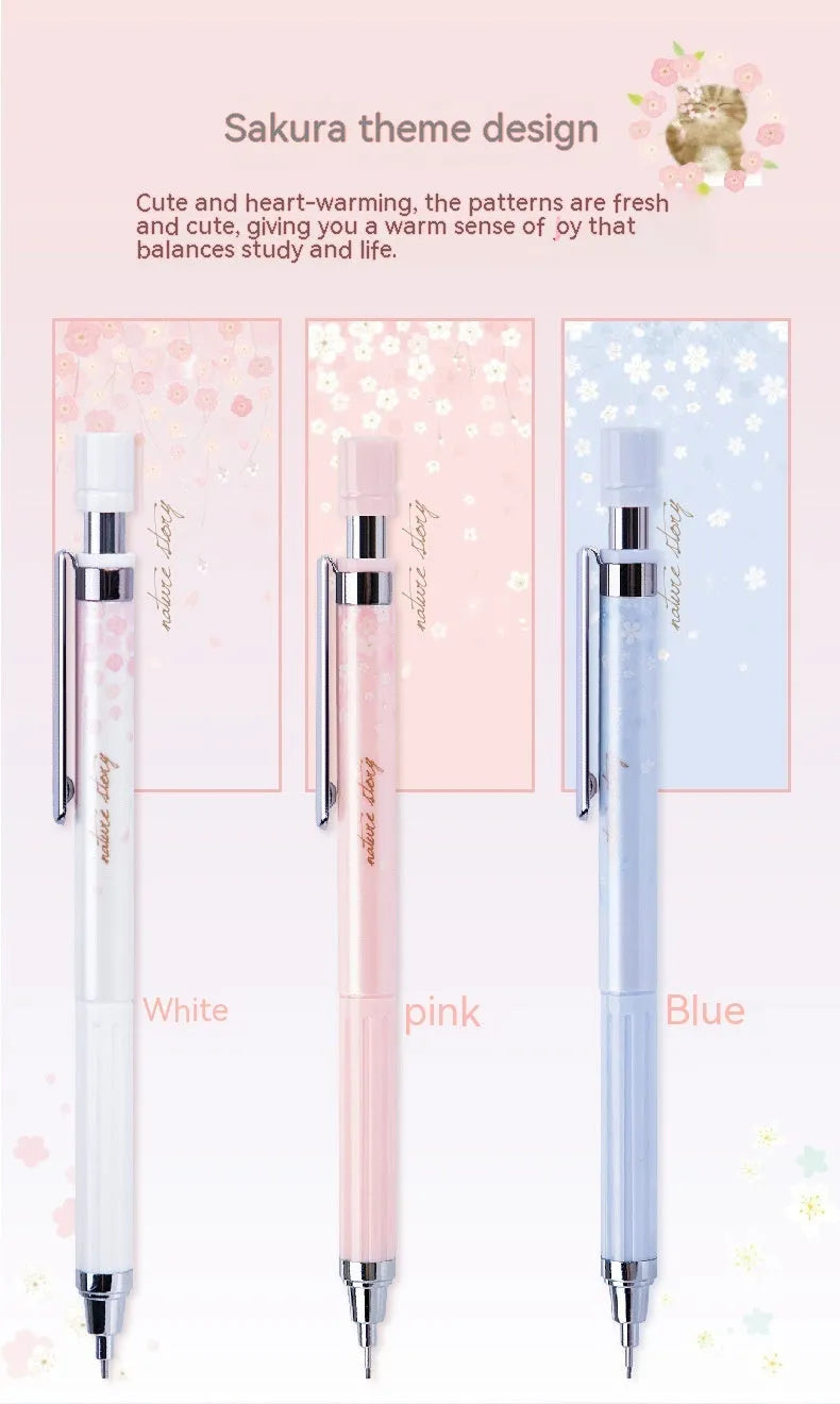 Simplified cartoon-style automatic pencil set with three pens and three boxes of HB lead refills.