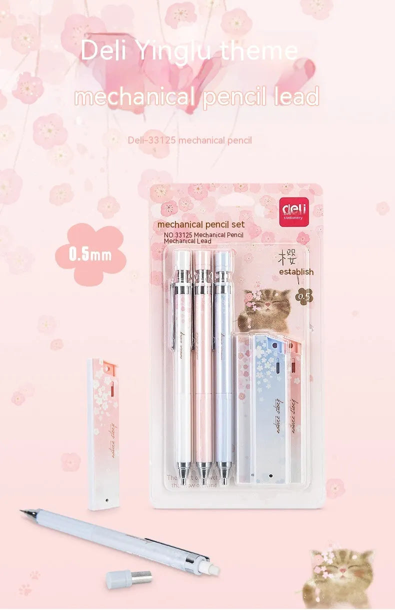 Simplified cartoon-style automatic pencil set with three pens and three boxes of HB lead refills.