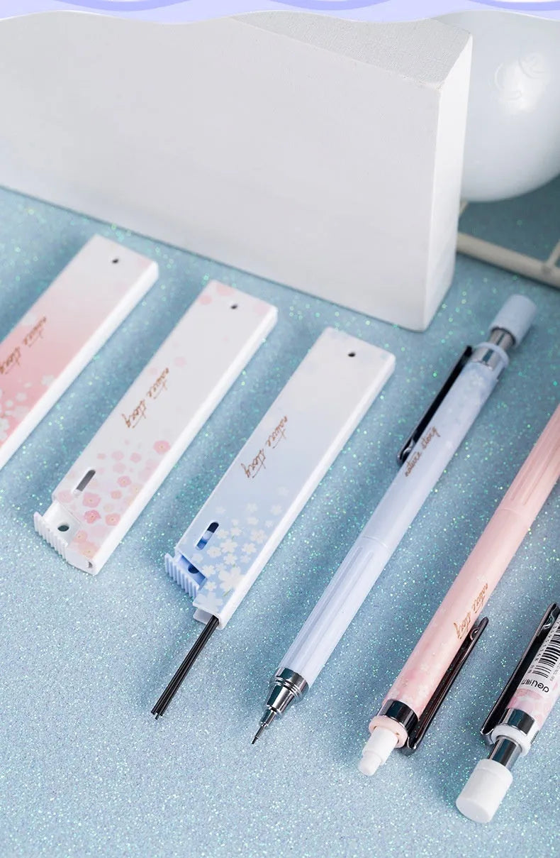 Simplified cartoon-style automatic pencil set with three pens and three boxes of HB lead refills.