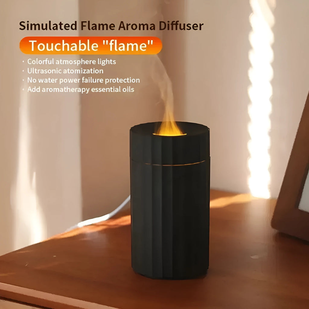 Essential oil diffuser humidifier with flame effect LED lighting in black or white colour option