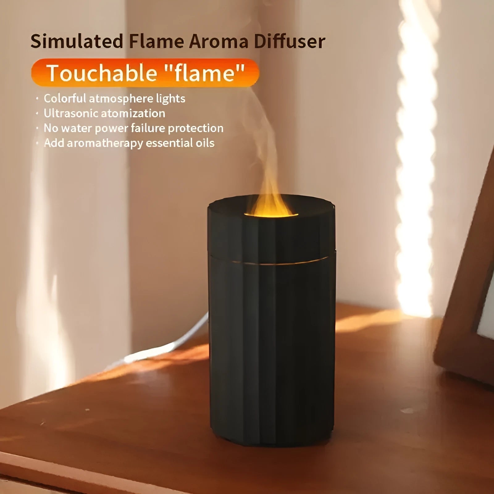 Essential oil diffuser humidifier with flame effect LED lighting in black or white colour option