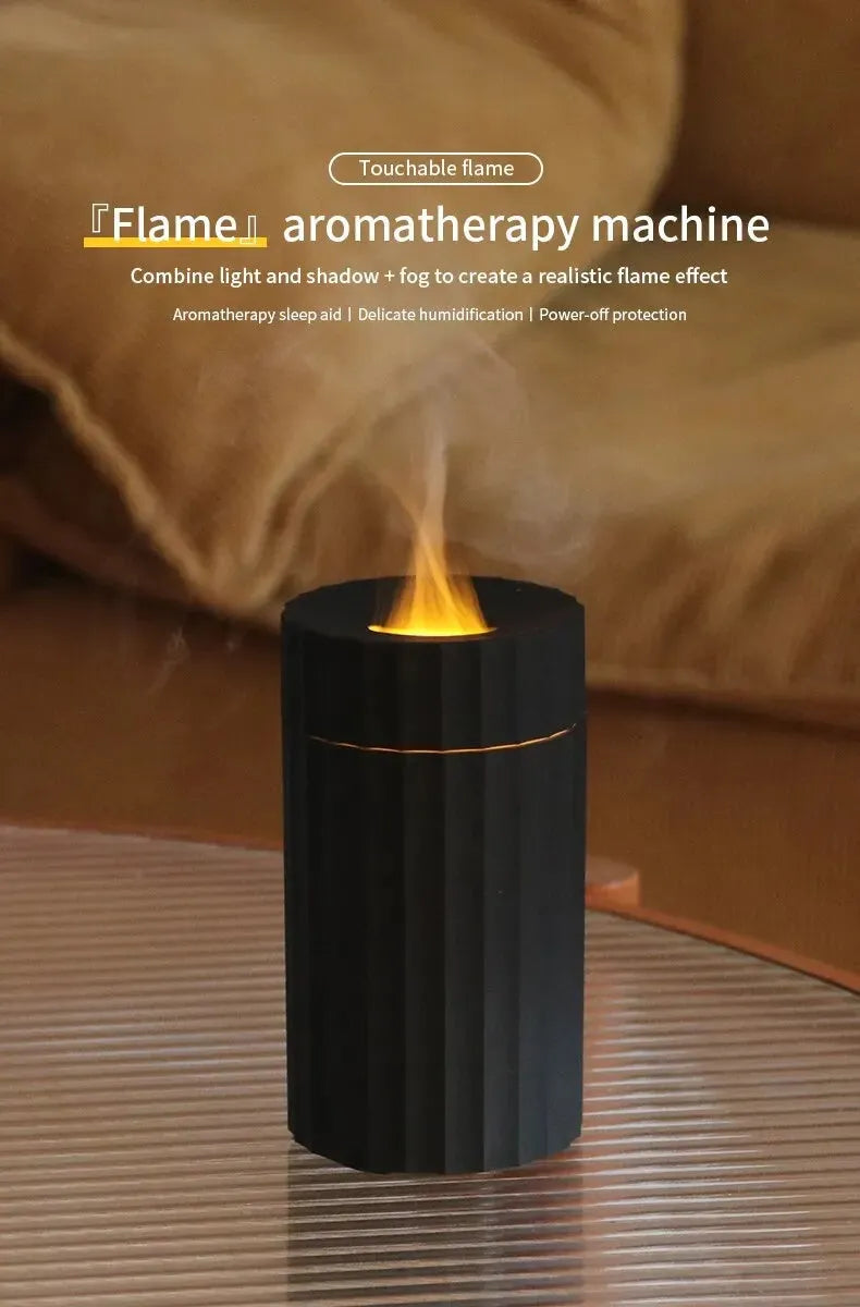 Essential oil diffuser humidifier with flame effect LED lighting in black or white colour option