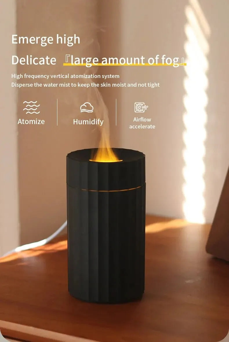 Essential oil diffuser humidifier with flame effect LED lighting in black or white colour option