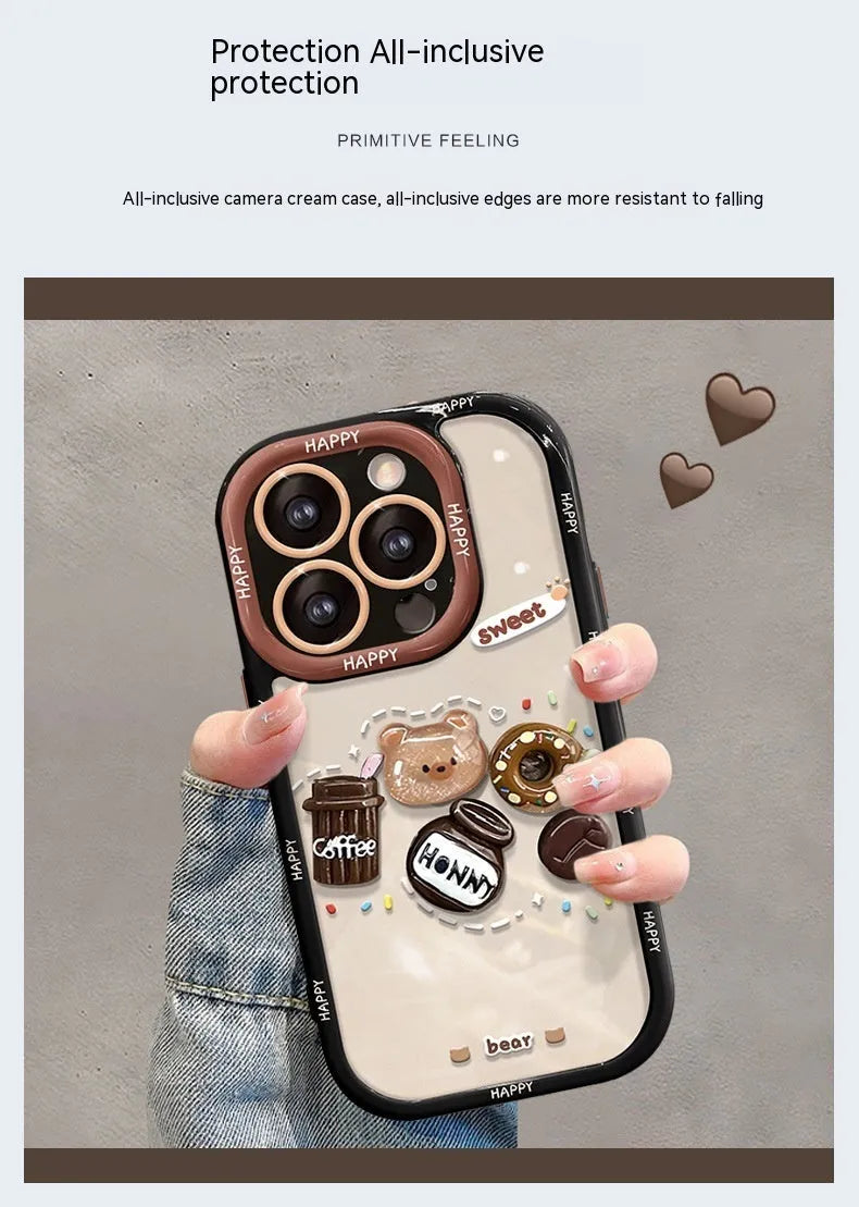 Coffee bear three-dimensional doll pendant drop-resistant silicone phone case for iPhone, cream black colour