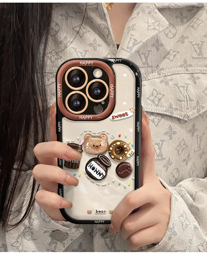 Coffee bear three-dimensional doll pendant drop-resistant silicone phone case for iPhone, cream black colour