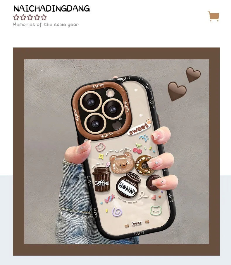 Coffee bear three-dimensional doll pendant drop-resistant silicone phone case for iPhone, cream black colour