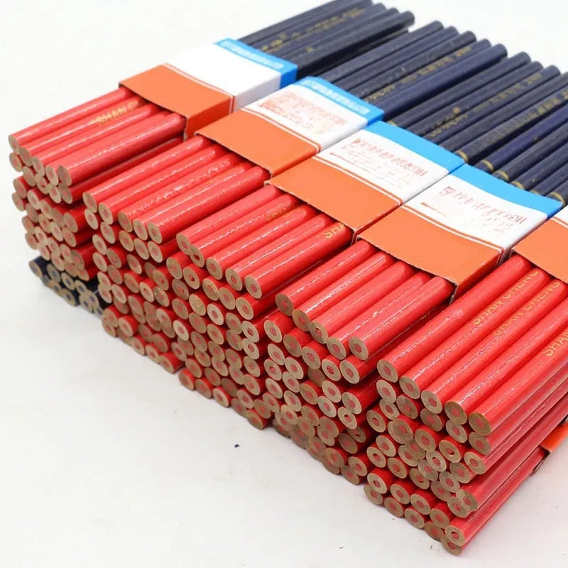 Ten red and blue two-colour carpenter pencils with round wooden barrels for marking