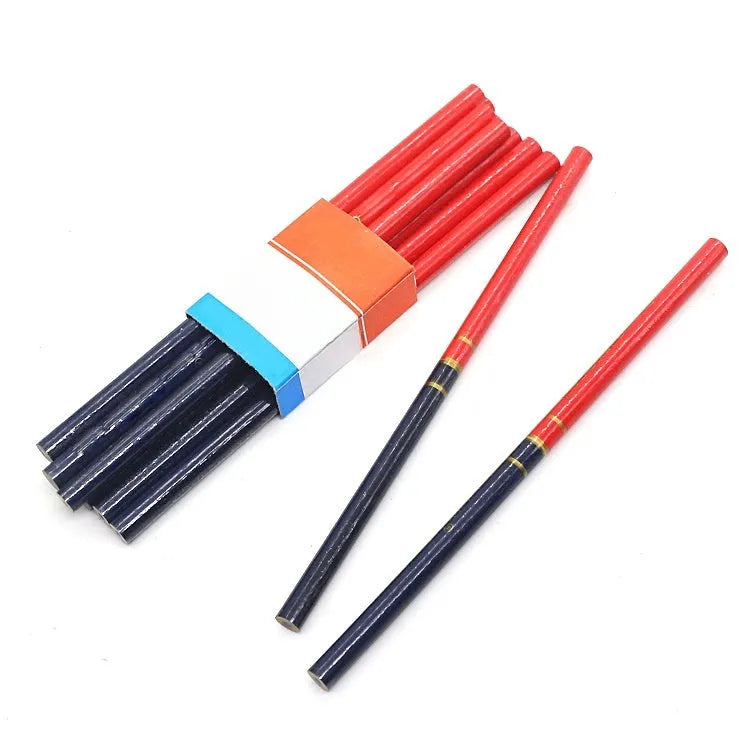 Ten red and blue two-colour carpenter pencils with round wooden barrels for marking