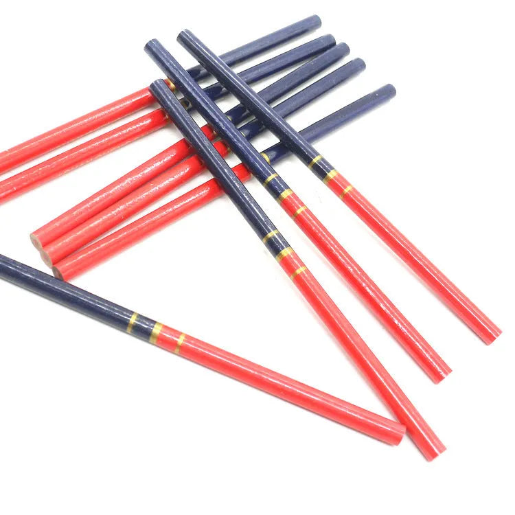 Ten red and blue two-colour carpenter pencils with round wooden barrels for marking