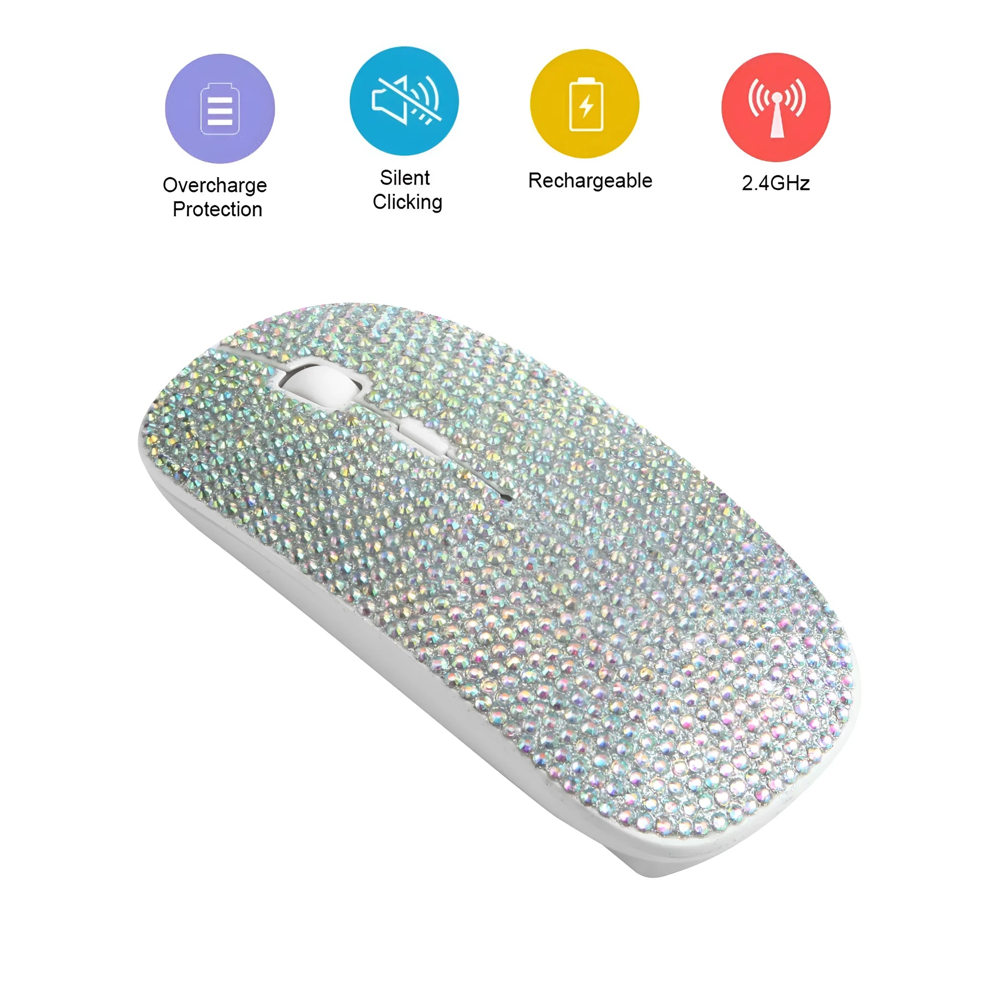 White wireless optical mouse with 2.4G connectivity, 4 keys, and rechargeable 450mAh battery on a desk