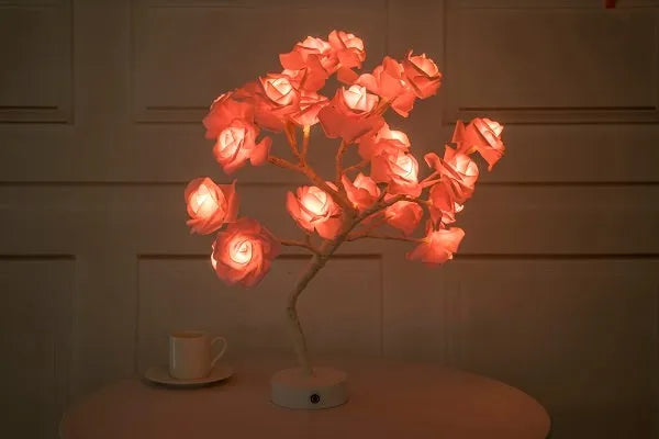 White and red rose flower LED table lamp with bonsai tree base and warm white lights