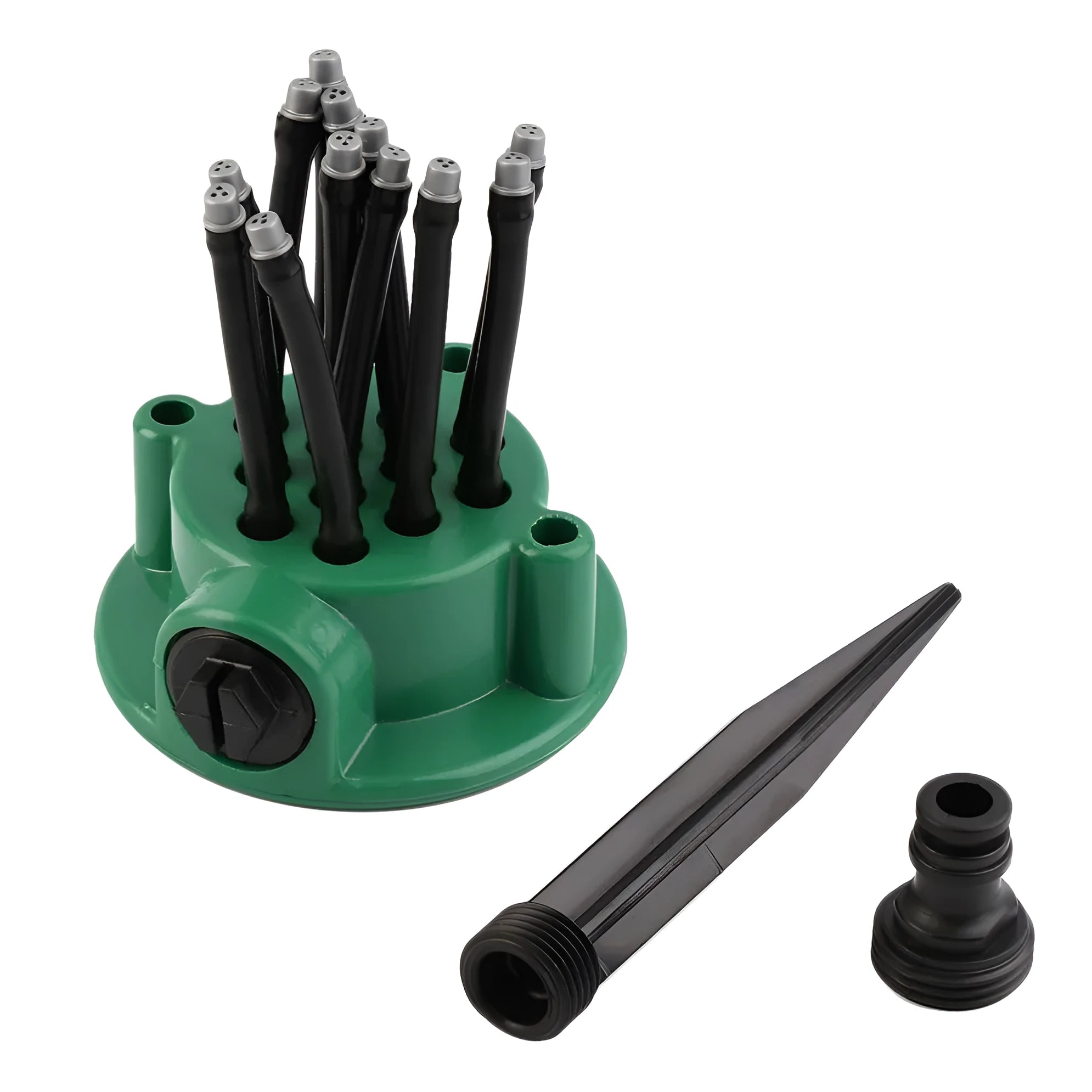 Green adjustable lawn sprinkler with flexible spray noodles and 9cm diameter base