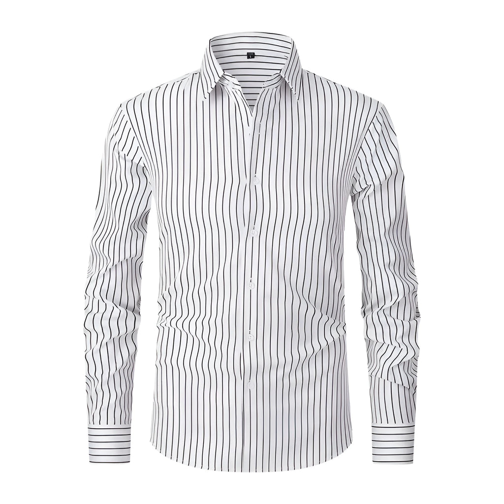 Men's slim fit striped long sleeve shirt in ice silk polyester blend fabric on a hanger.
