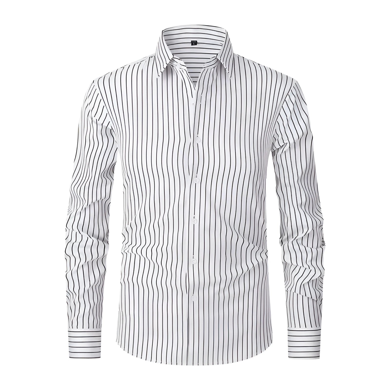 Men's slim fit striped long sleeve shirt in ice silk polyester blend fabric on a hanger.