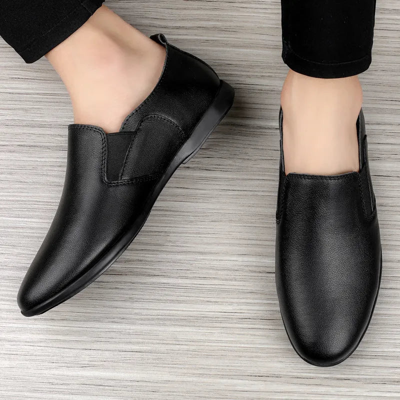 Men's black and brown leather business shoes with round toe design on size chart
