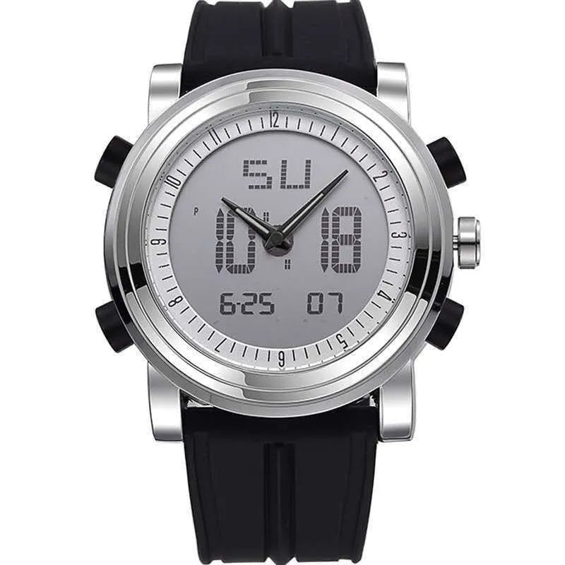 Black double display luminous electronic watch showing analogue hands and digital numbers on a 47 mm dial.