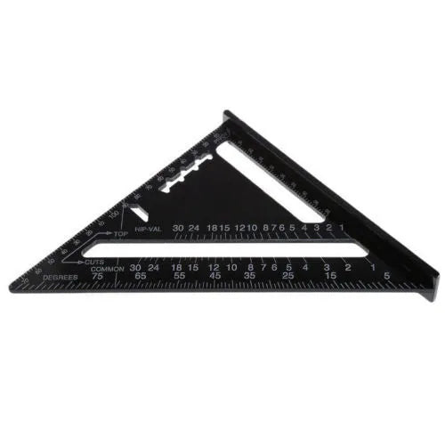 Black aluminium triangle ruler square showing 90 and 45-degree angles with measurement markings