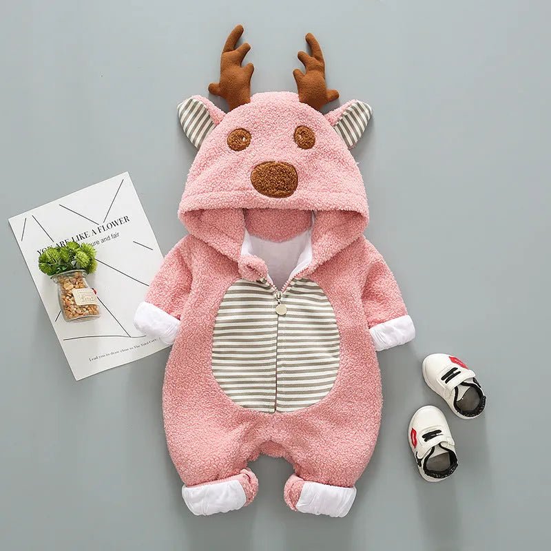 Long sleeve baby romper with lace-up strap closure in khaki, pink, or white colour.