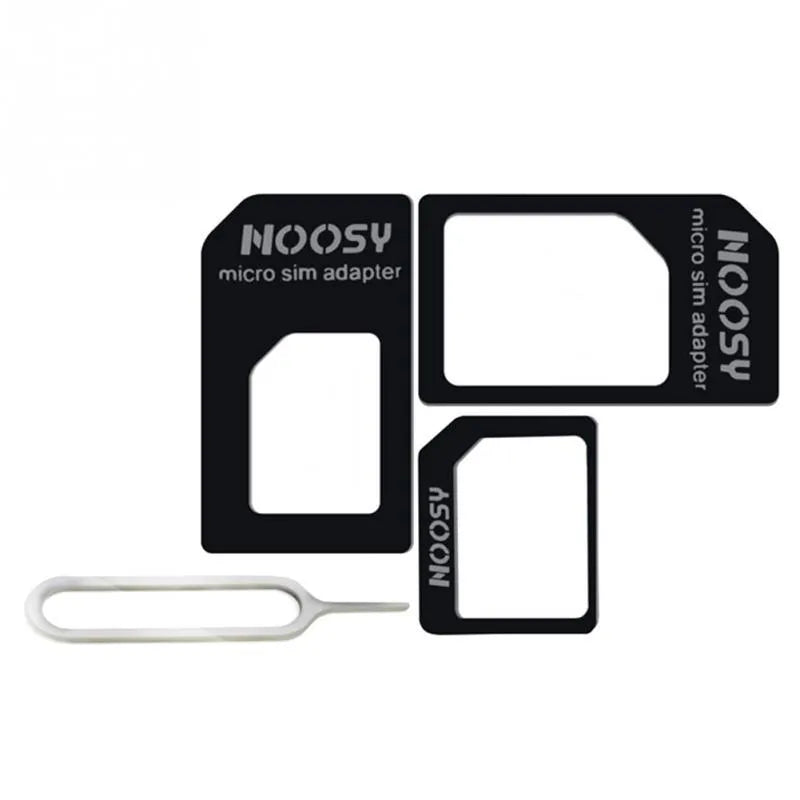 Three SIM card adapters for nano, micro, and standard sizes on a white background.