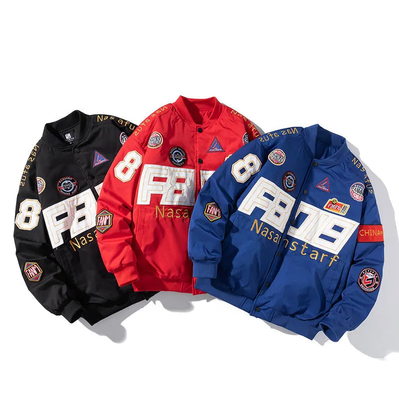 American motorcycle baseball uniform jacket with removable hood options in black red blue colours
