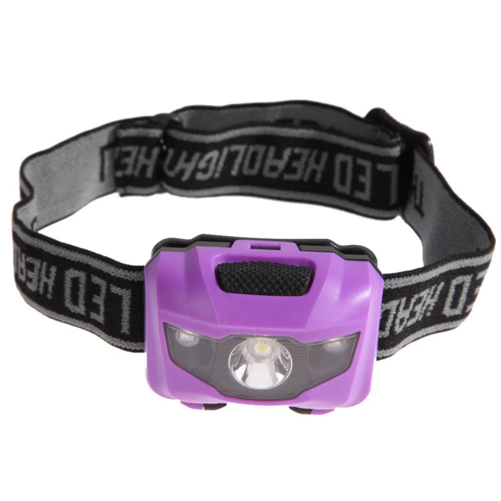 Black LED headlight with headband, showing white and red LEDs, for outdoor activities.