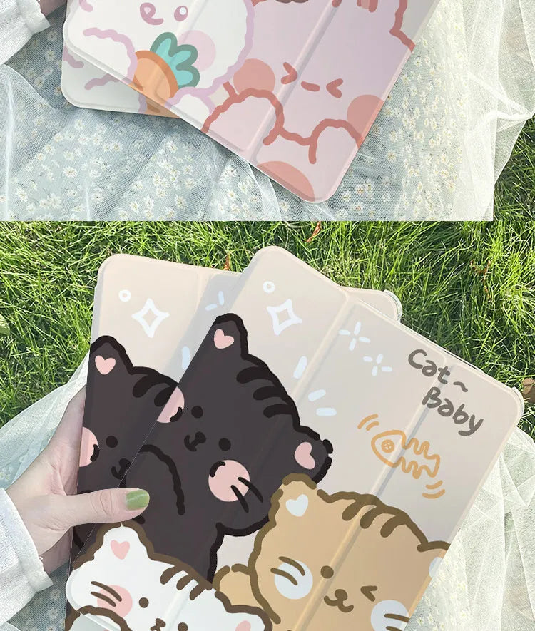 Silicone tri-fold protective case for iPad in cartoon Rabbit design on a tablet.