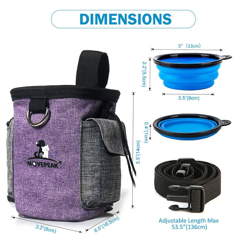Purple dog training treat pouch with belt clip and waterproof Oxford fabric, 16.5x14x8cm.