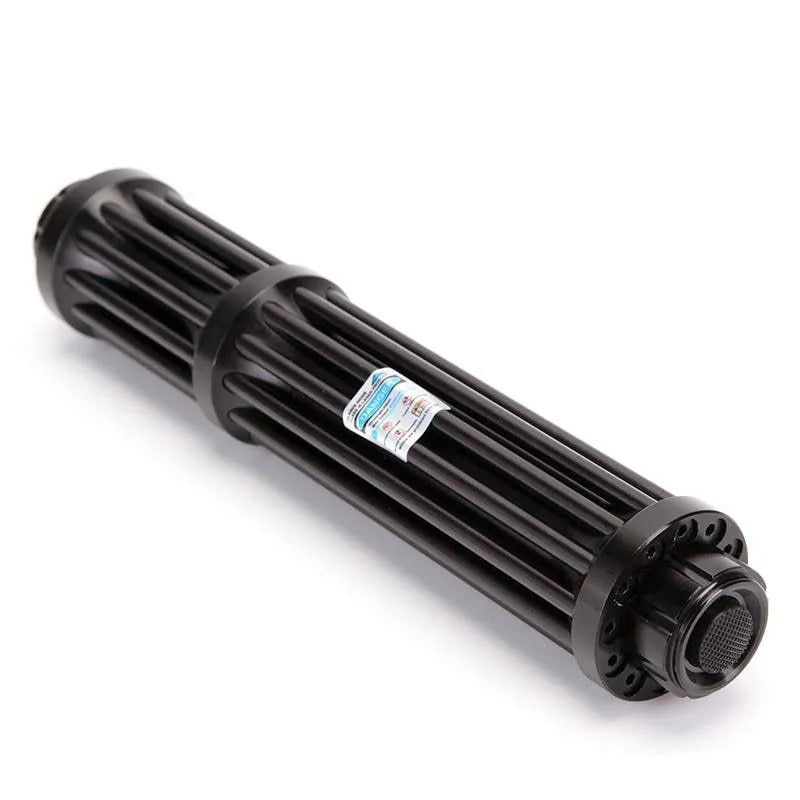 Black anodised aluminium laser torch with blue laser beam, showing tail switch and 168mm length.
