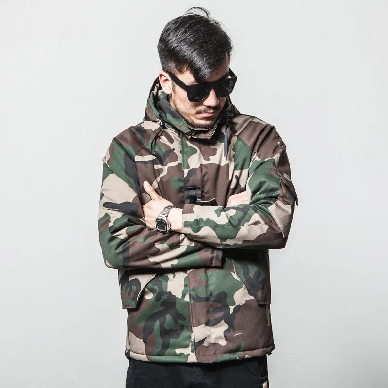 Men's winter camouflage cotton hooded jacket with zipper and straight hem on white background