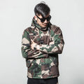 Men's winter camouflage cotton hooded jacket with zipper and straight hem on white background