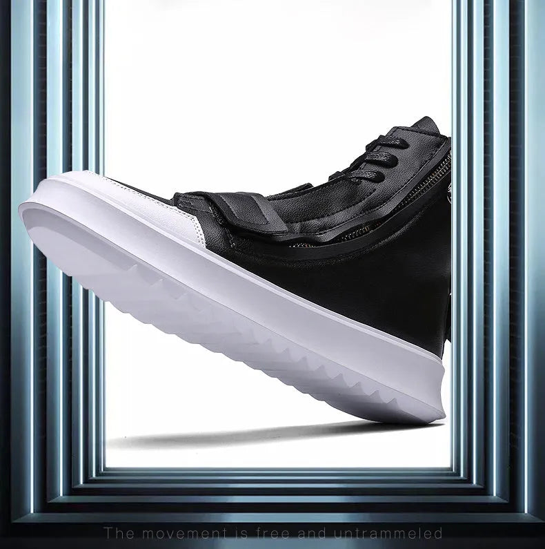 Men's black and white high-top ankle boots in PU leather microfiber for winter.