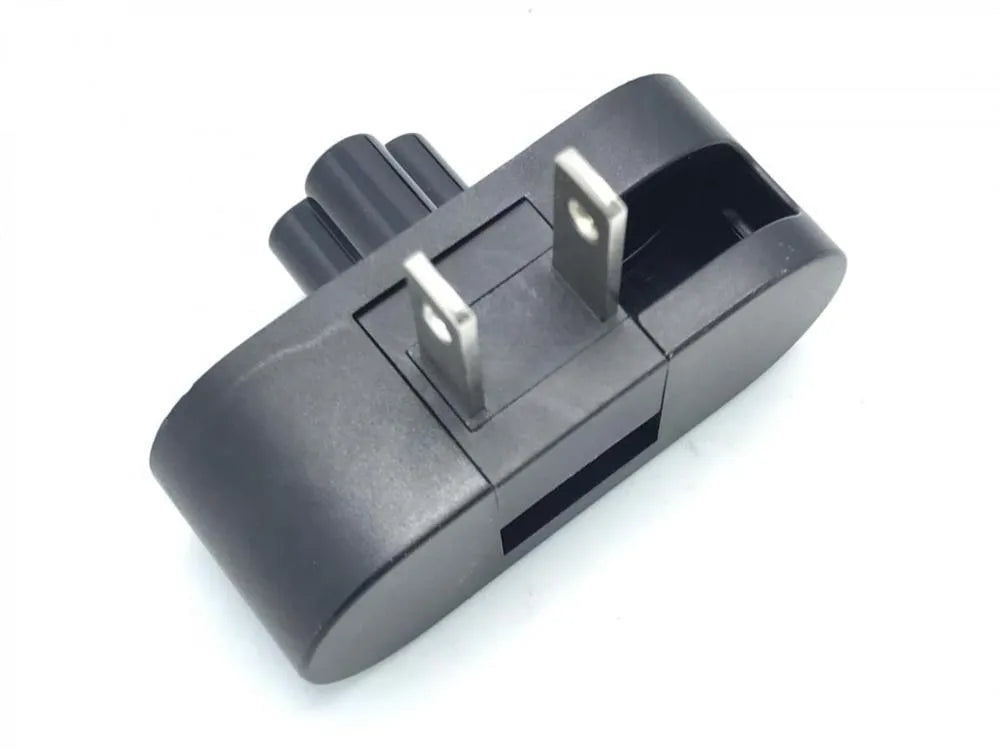 Black US notebook power head with a folding two-prong plug shown in straight and folded positions.