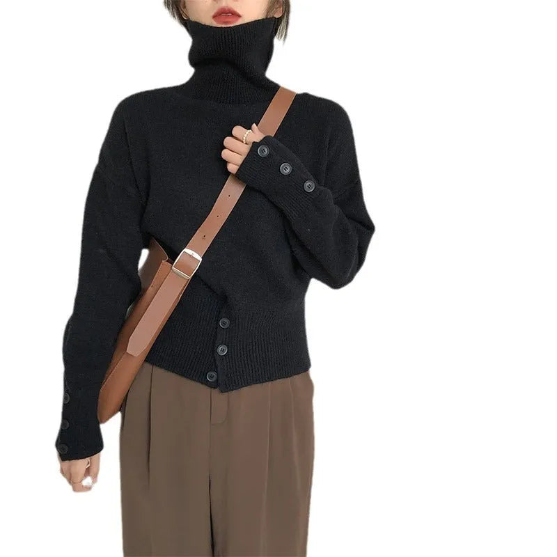 Design high waist button retro lazy style pullover sweater in cashmere blend, free size, available in multiple colours