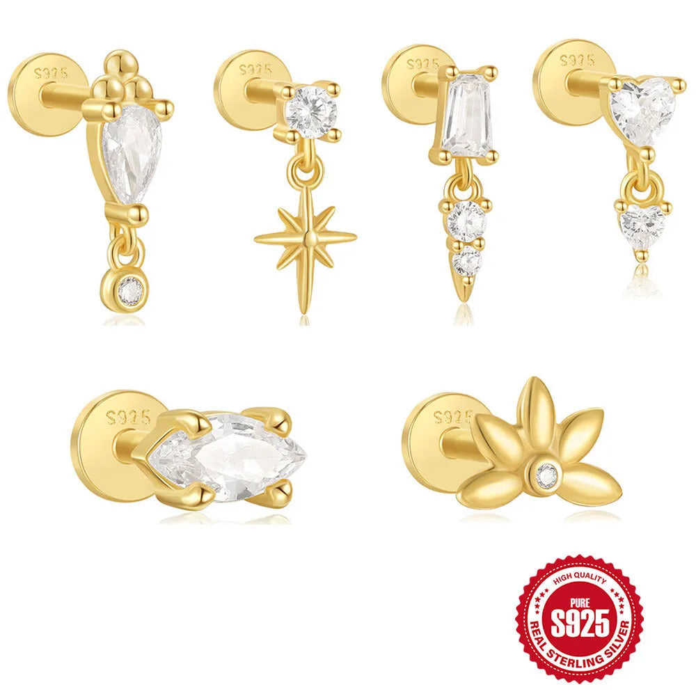 S925 sterling silver ear stud with XINGX inlaid tassel design in a gold colour.