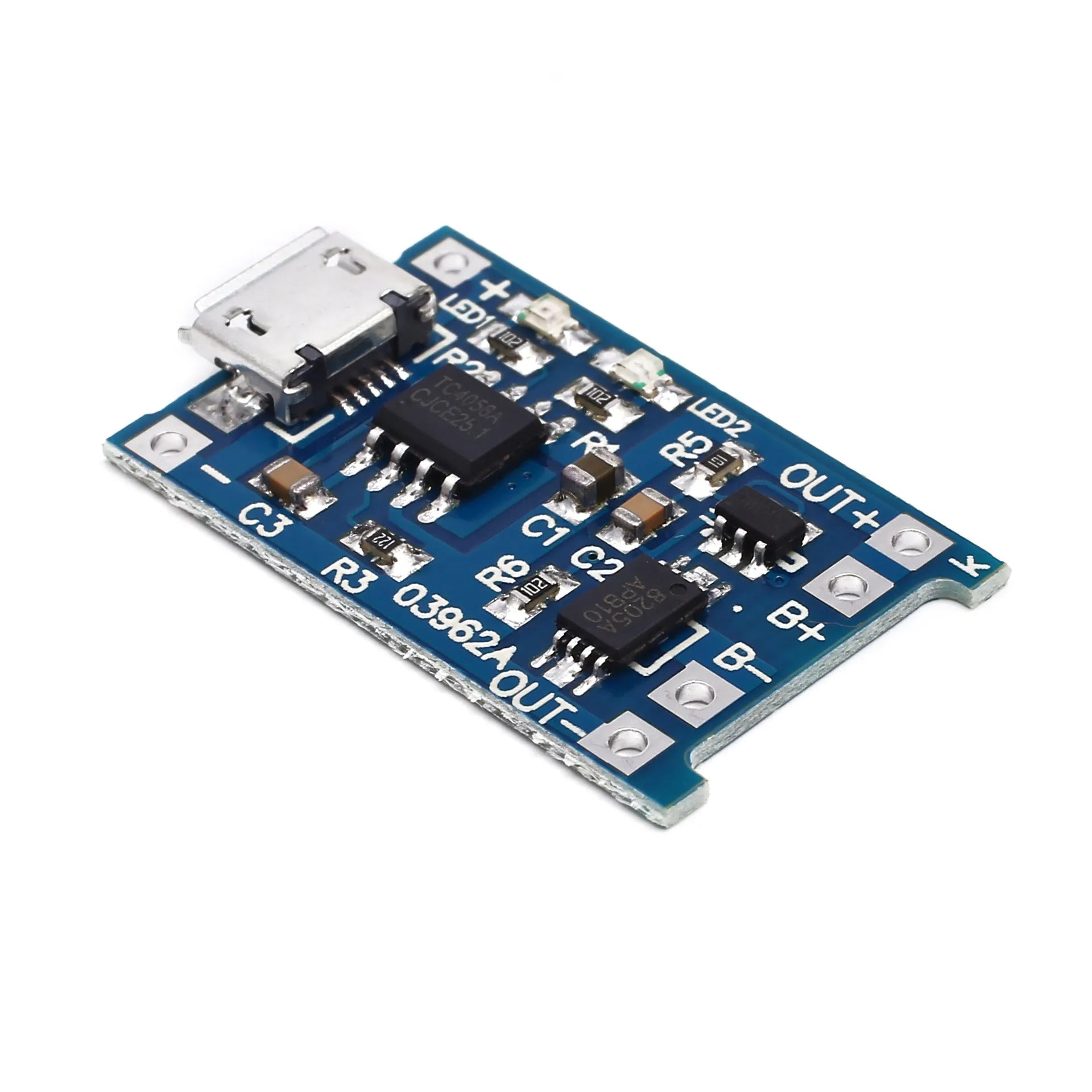 Small blue lithium battery charging and protection circuit board with solder terminals