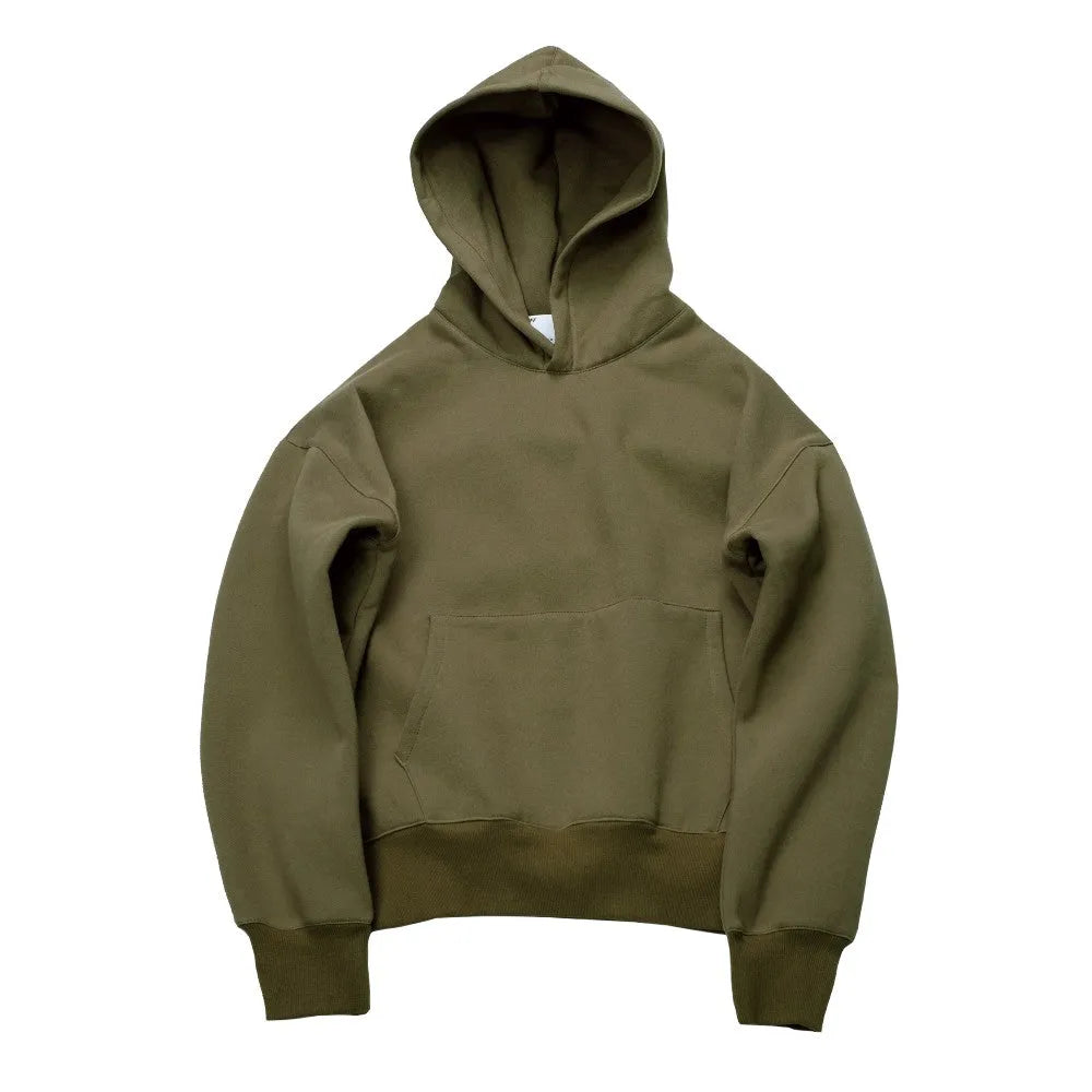 Cotton hoodie with lapel collar in Army Green, size M, front view on a white background