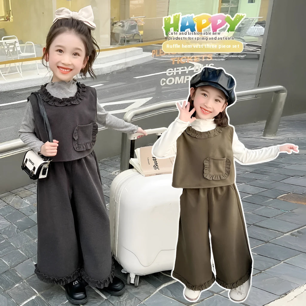 Girls cotton three-piece sports set in gray with long sleeve top, vest, and trousers for autumn