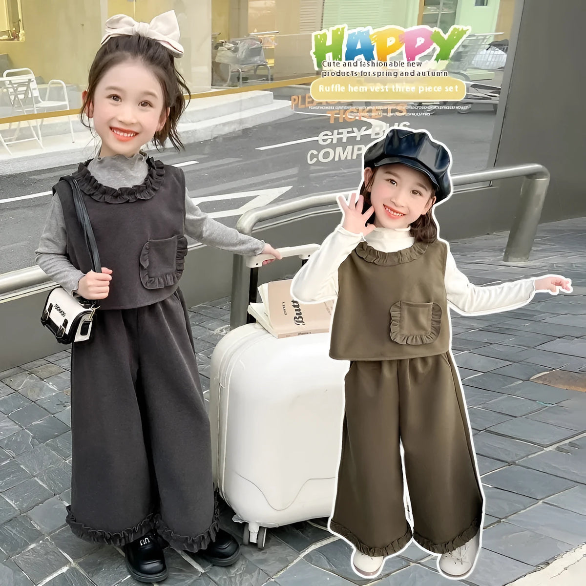 Girls cotton three-piece sports set in gray with long sleeve top, vest, and trousers for autumn