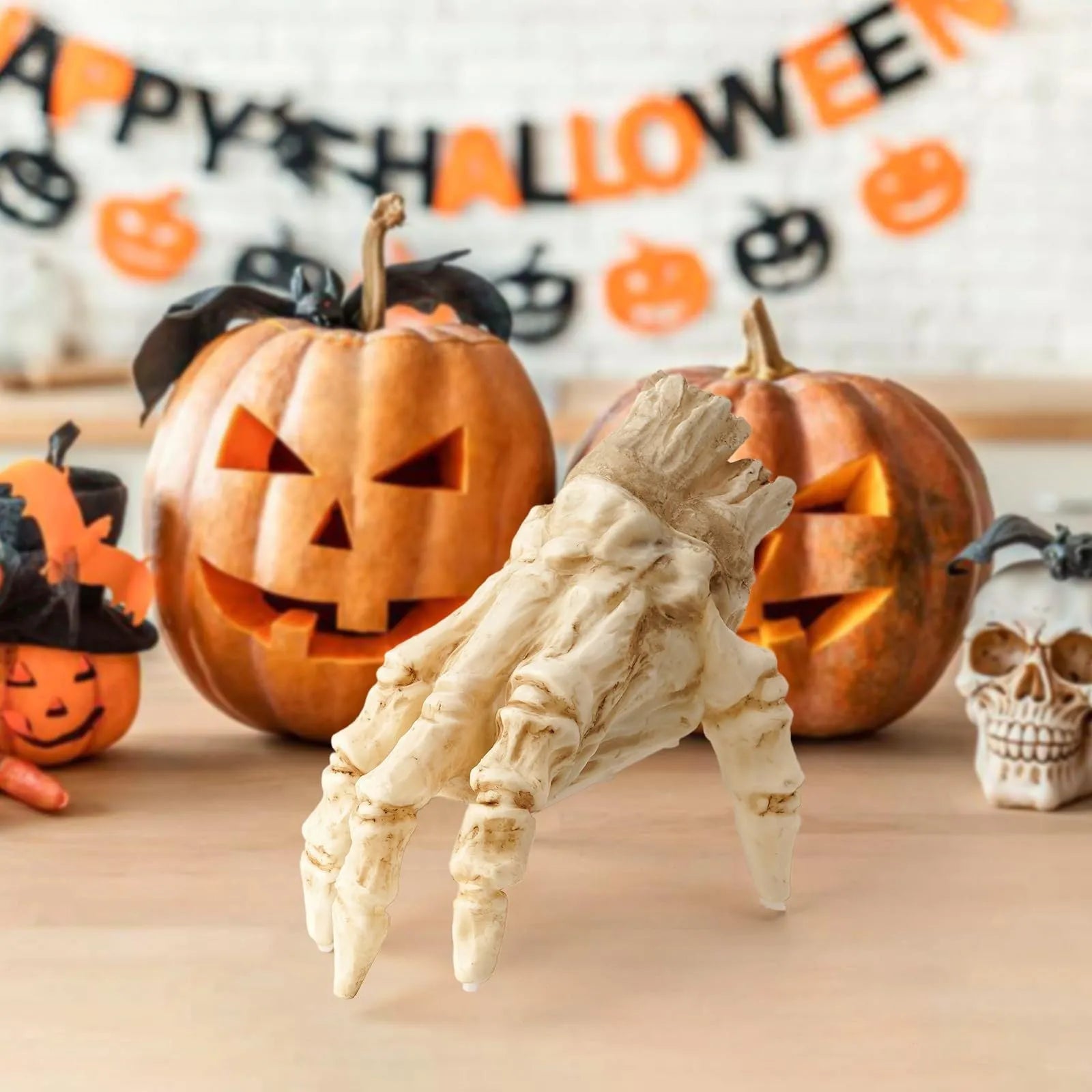 Halloween electric luminous crawling hand on floor, glowing warm colour, vinyl zombie hand with spooky sound
