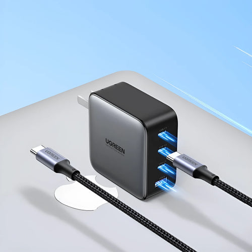 Compact 100W Gallium Nitride fast wall charger plug with multiple USB-C ports