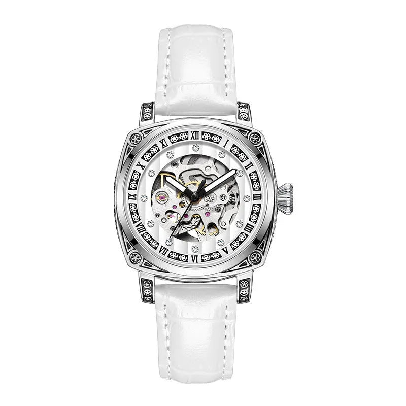 Men's mechanical wristwatch with a leather strap, luminous hands, shown in multiple colour options.