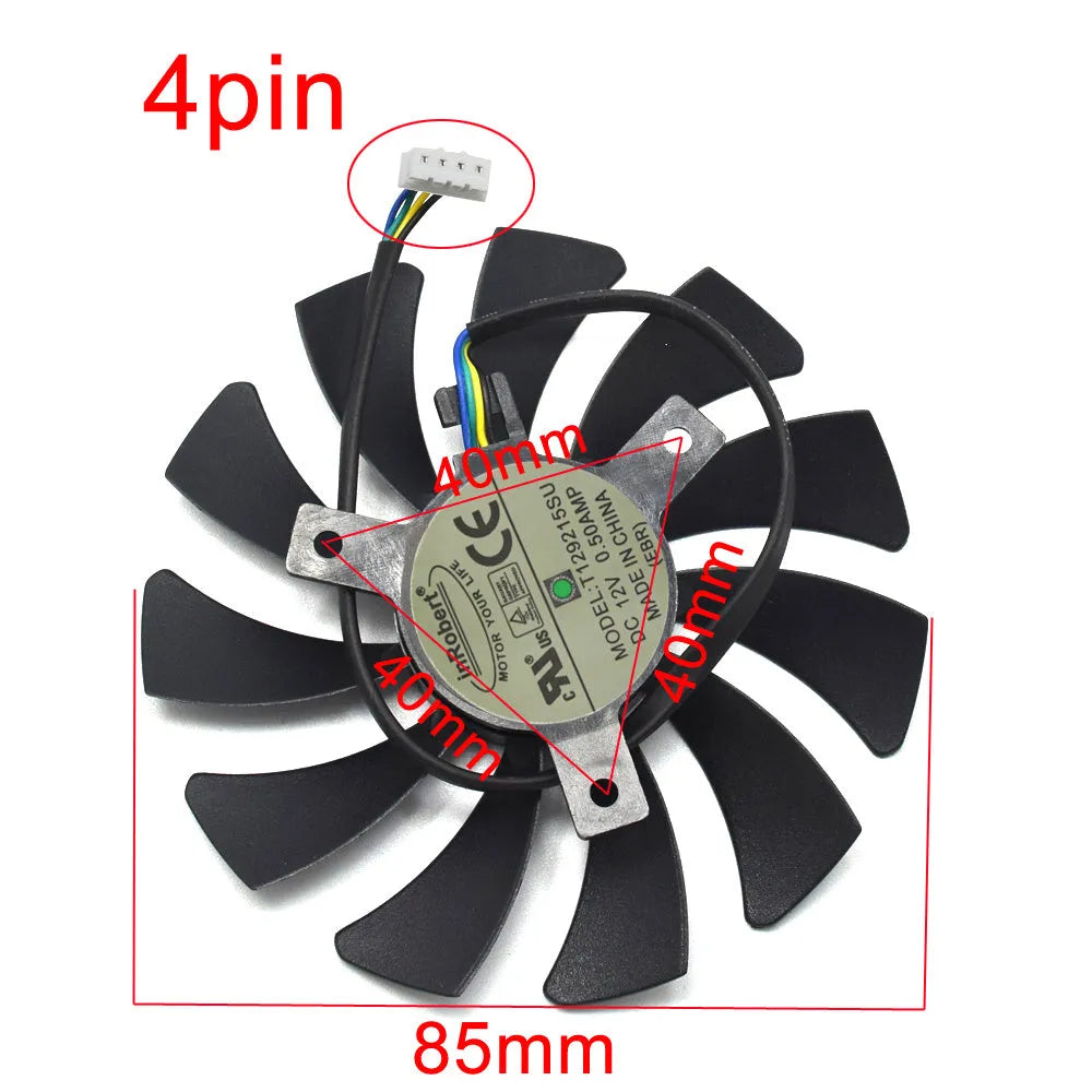 Black 85mm square graphics card cooling fan with a 4-pin connector.