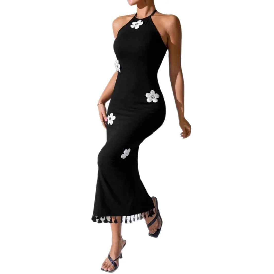 Black slim fit long turtleneck dress with high waist, sleeveless design, and hip skirt, sizes XS to L.