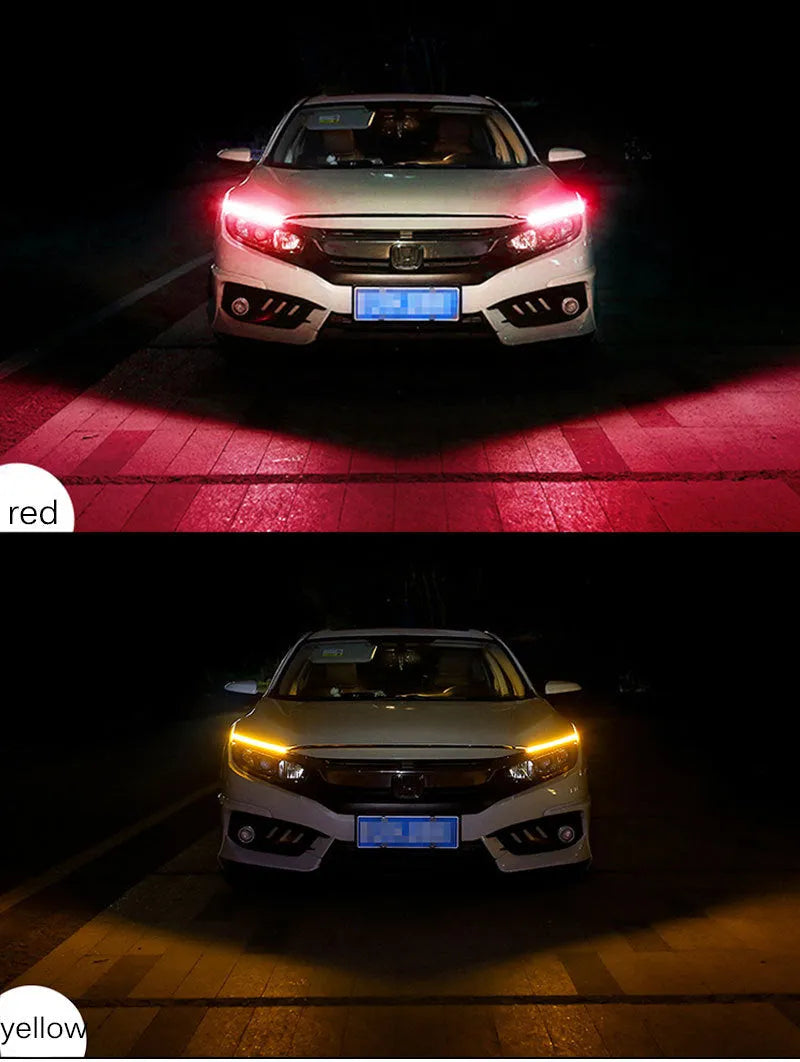 Car LED daytime running light strip with silicone body and coloured flowing turn signal effects