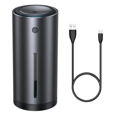 Black aluminium alloy car humidifier and air purifier with USB cable on a car dashboard