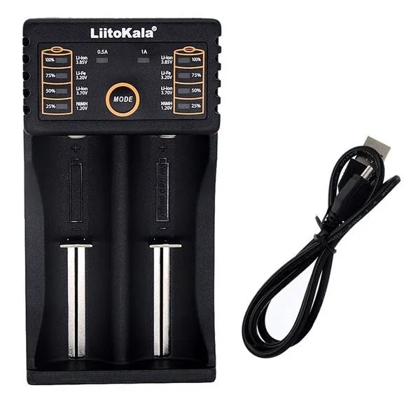Two-slot lithium battery charger with LED display, Micro USB input, charging 18650 and 14500 cells