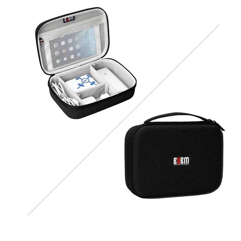 Black EVA digital storage bag with a handbag shape for organising headphones and cables.