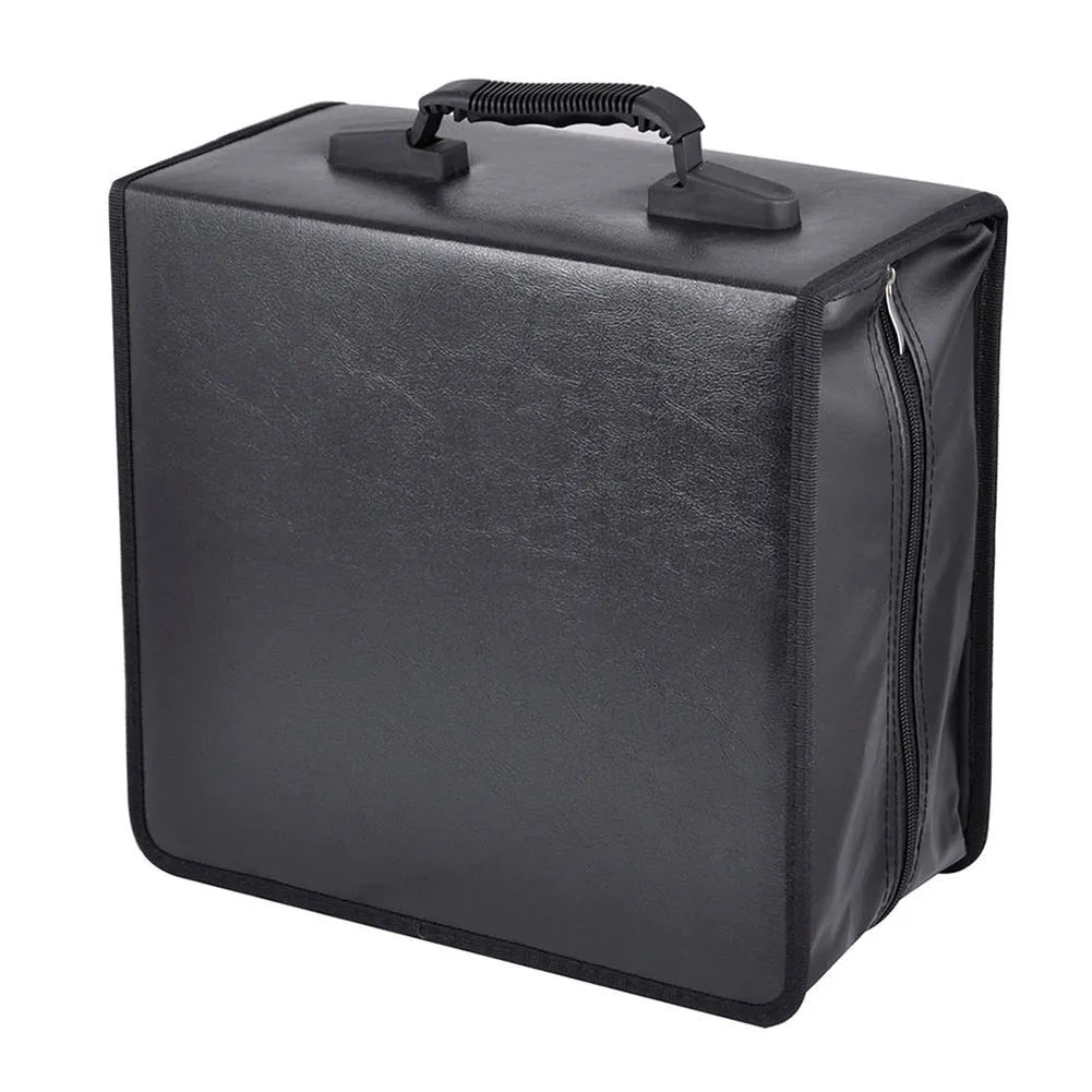 Black Oxford cloth CD DVD storage binder organiser with zip and hand strap.