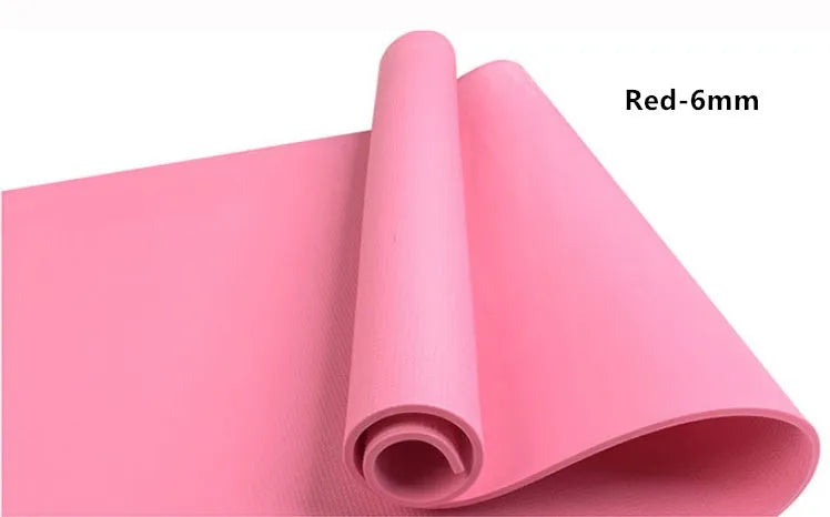 Red and blue EVA yoga mats showing 4mm and 6mm thickness options rolled up with storage bag.