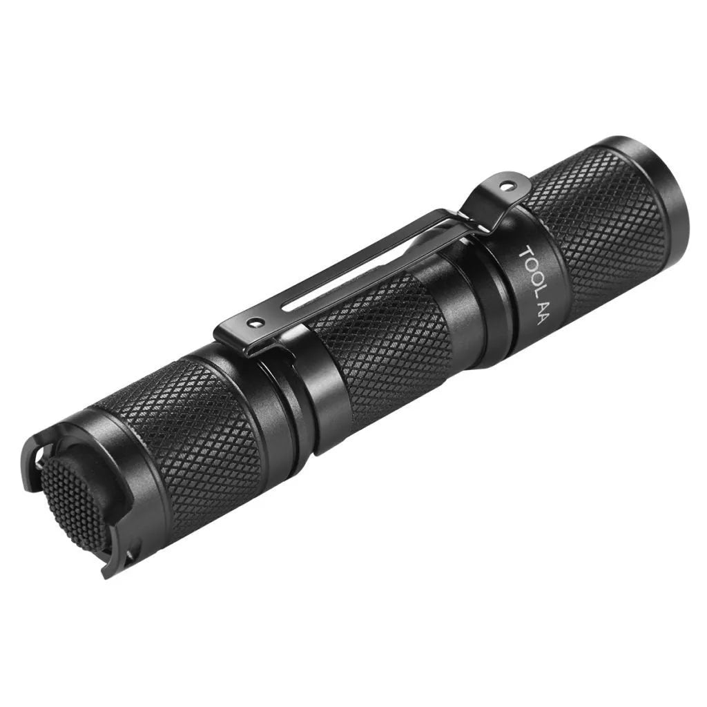 Lumintop Tool AA 2.0 black aluminium flashlight with magnetic tail cap and included accessories